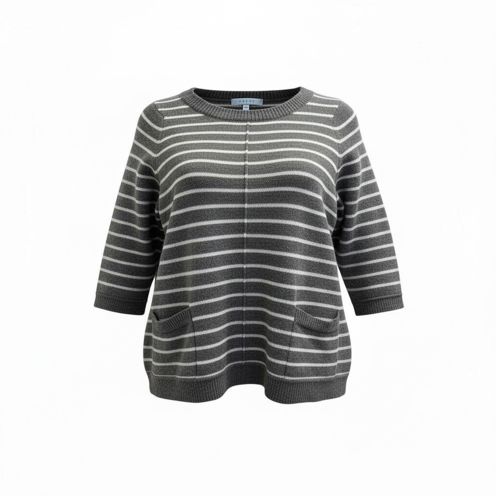 MAX STUDIO Striped 3/4 Sleeve Merino Wool Sweater Women Size 2X Pockets Zip Back